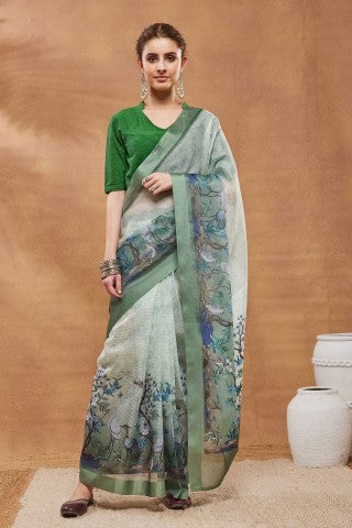 Green Floral Printed Silk Blend Party Wear Saree