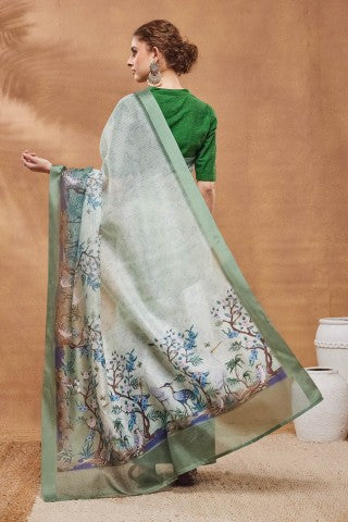 Pista Floral Printed Silk Blend Ready to Wear Saree