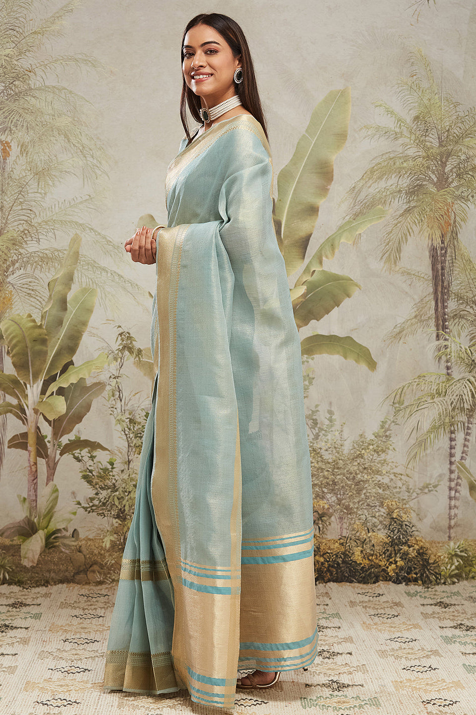 Kanjivaram Zari Border Cotton Silk Ready To Wear Saree