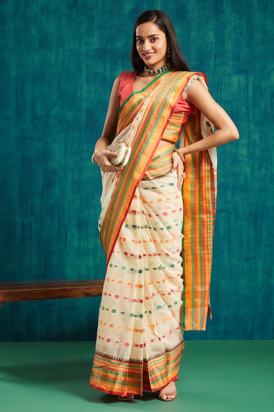 Kanjivaram Pattu Multi Colour  Zari Border Kora Silk Saree