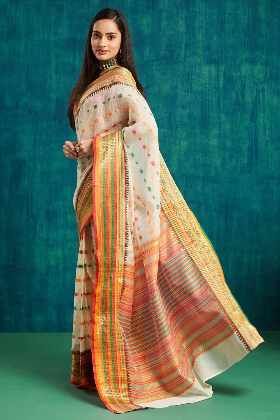 Kanjivaram Pattu Multi Colour  Zari Border Kora Silk Saree