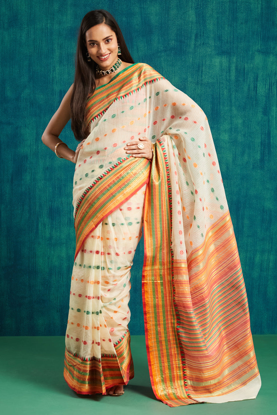 Kanjivaram Pattu Multi Colour  Zari Border Kora Silk Ready To Wear Saree