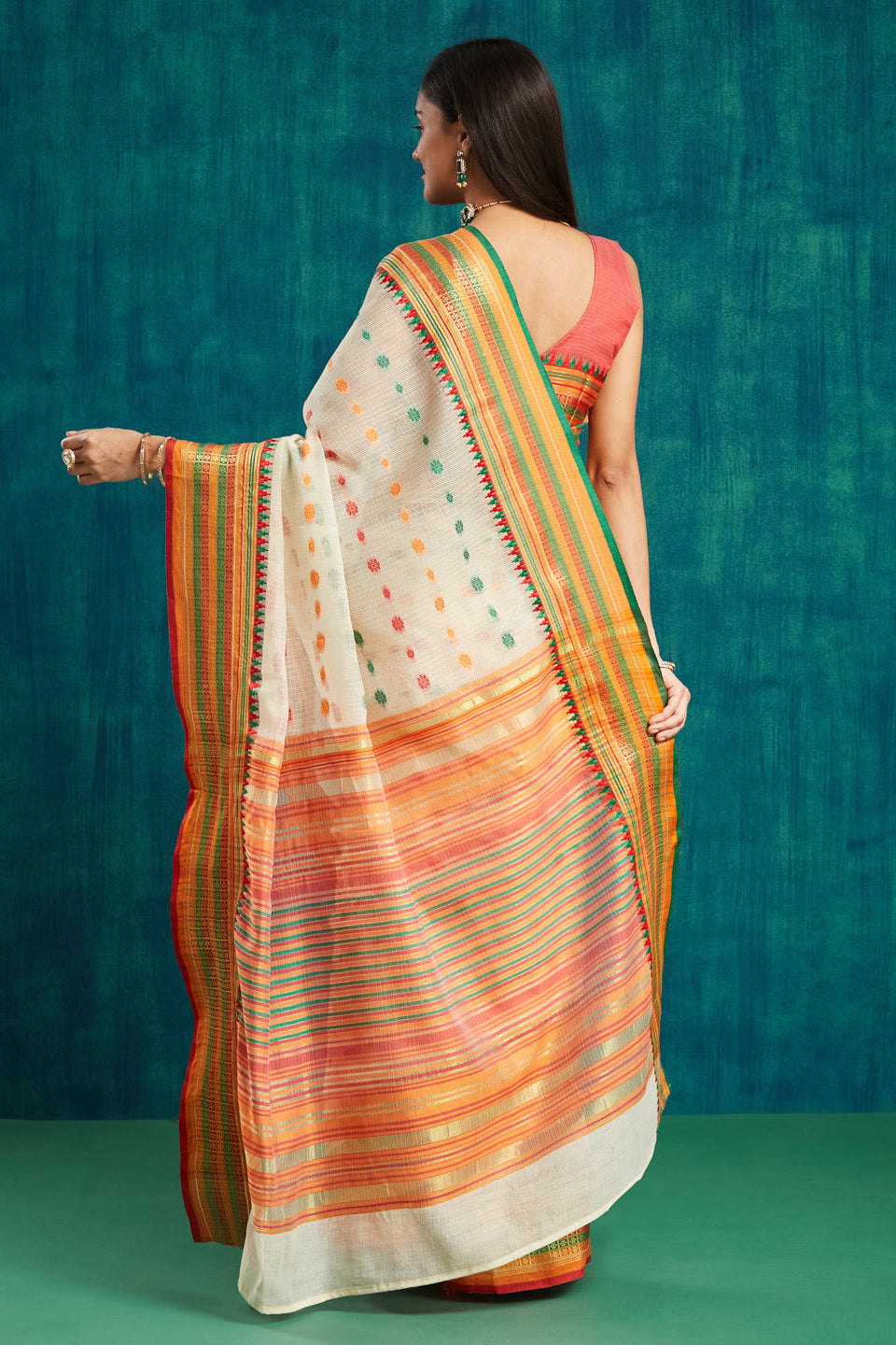 Kanjivaram Pattu Multi Colour  Zari Border Kora Silk Saree