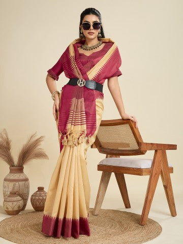 Cream Raw Silk Temple Border Traditional Silk Saree