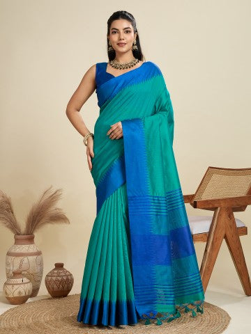 Firozi Raw Silk Temple Border Traditional Silk Saree