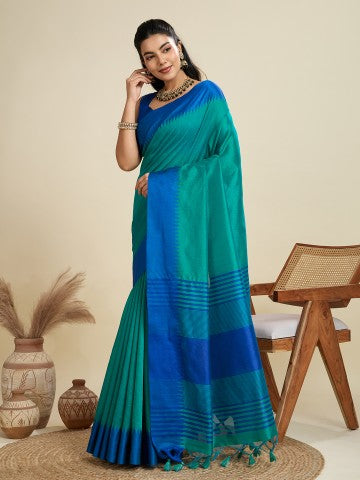 Firozi Raw Silk Temple Border Traditional Silk Saree