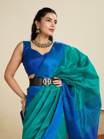 Firozi Raw Silk Temple Border Traditional Silk Saree