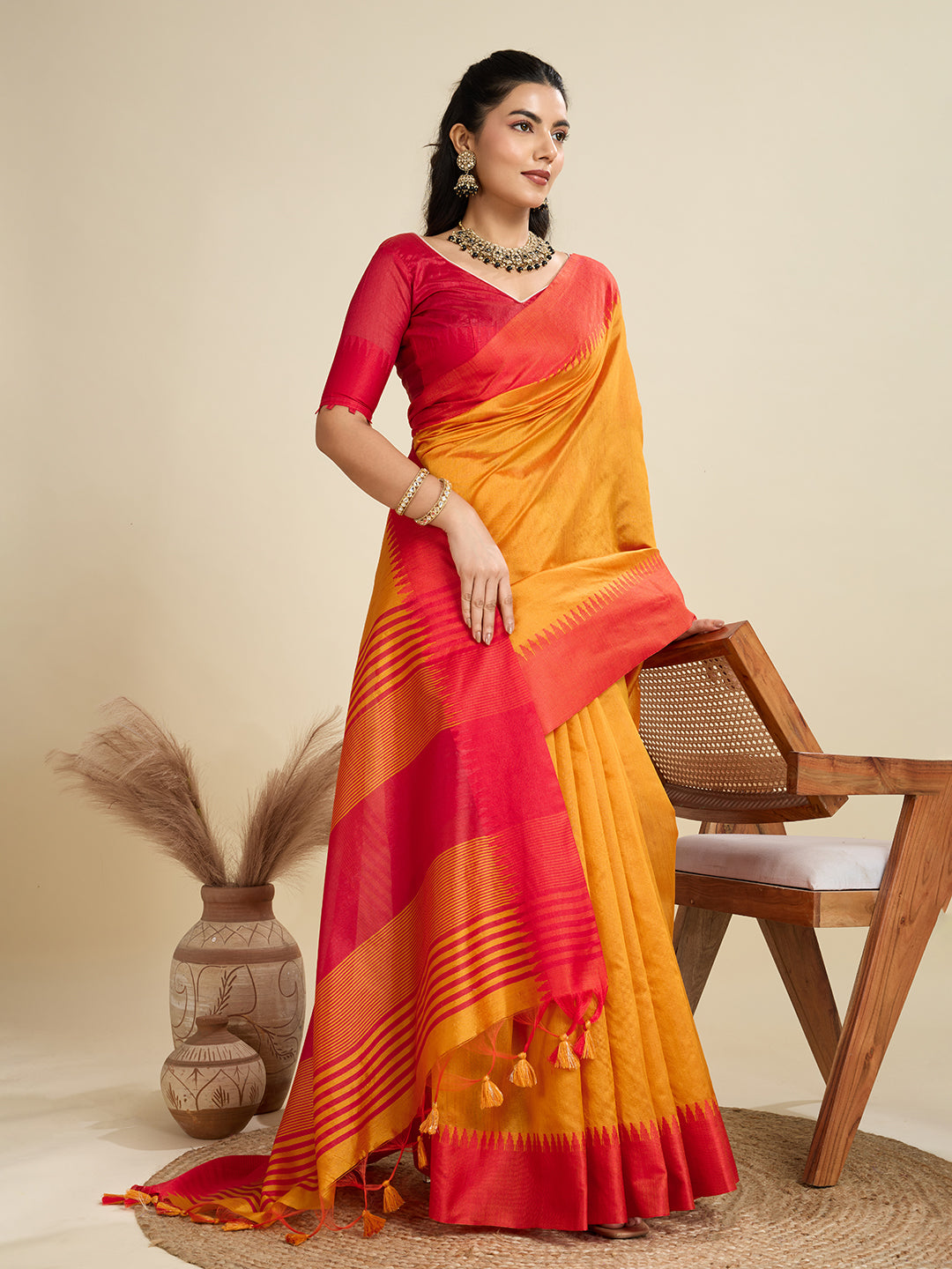 Masturd Color Raw Silk Temple Border Traditional Silk Saree