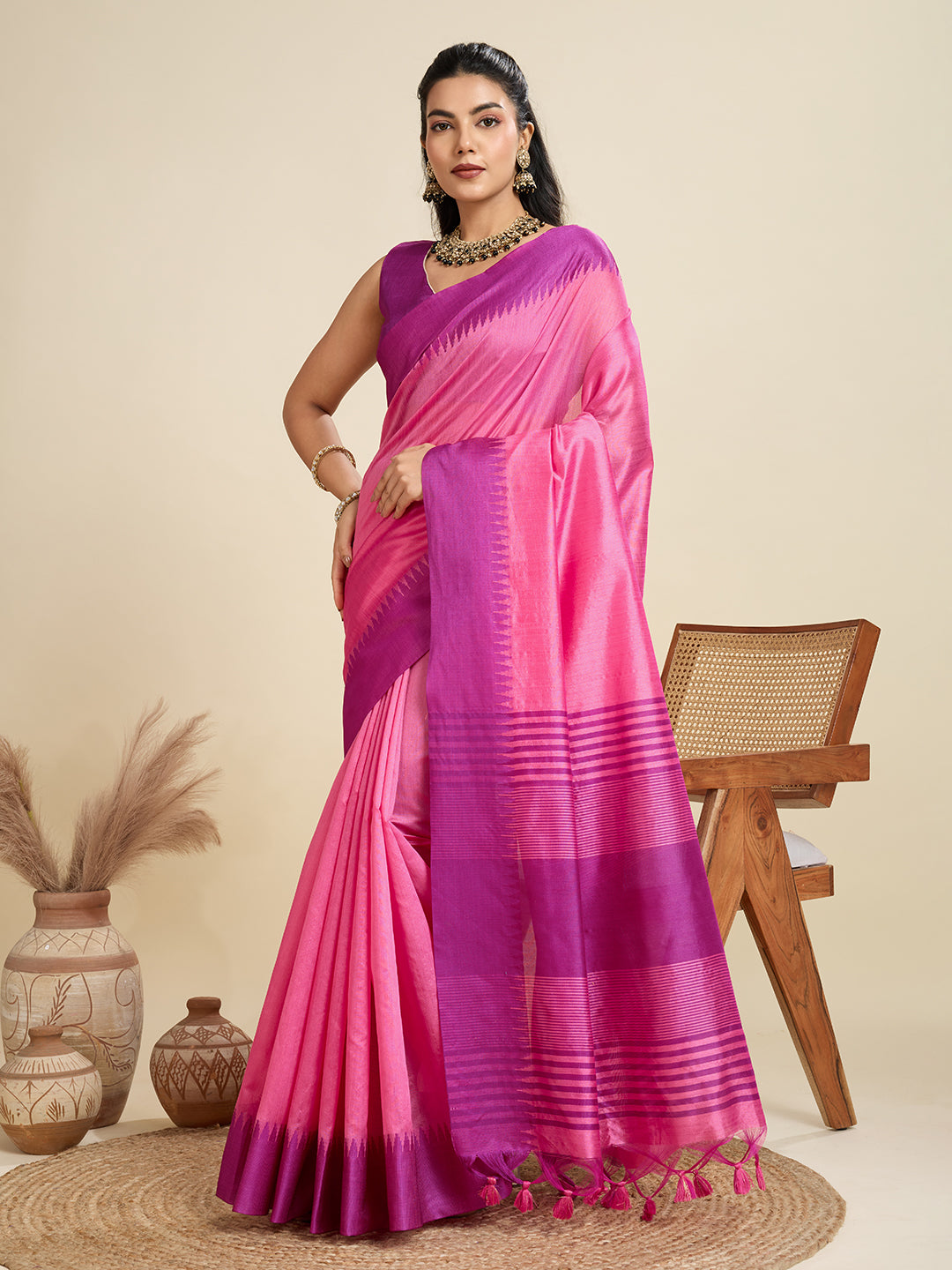 Pink Color Raw Silk Temple Border Traditional Silk Saree
