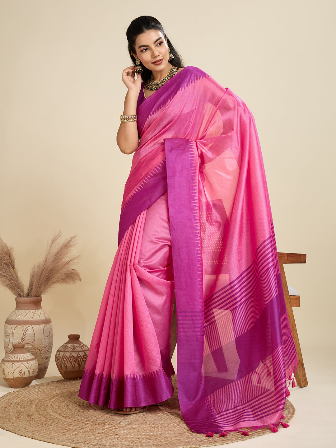 Pink Color Raw Silk Temple Border Traditional Silk Saree