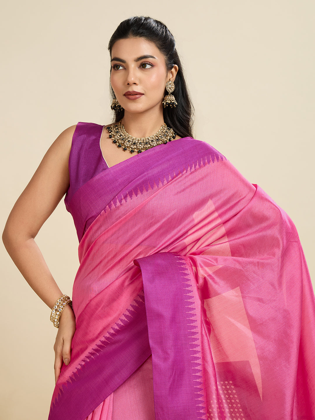Pink Color Raw Silk Temple Border Traditional Silk Saree