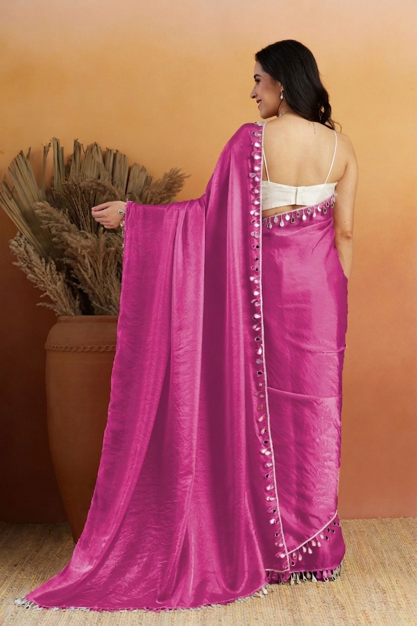 Pink Designer Tissue Ready To Wear Saree with Mirror Work