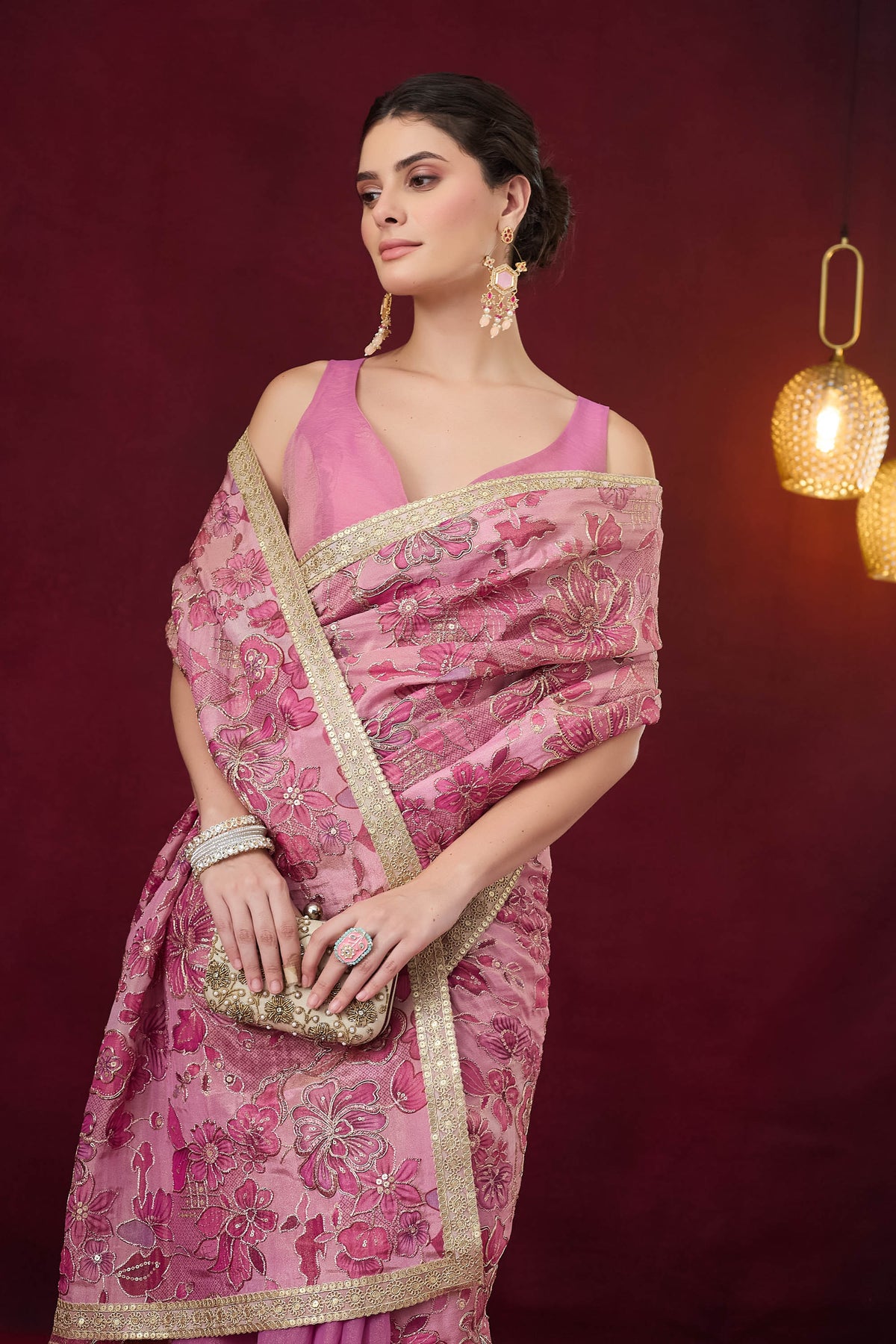 Pink Floral Embroidered Pure Georgette Ready to Wear Saree