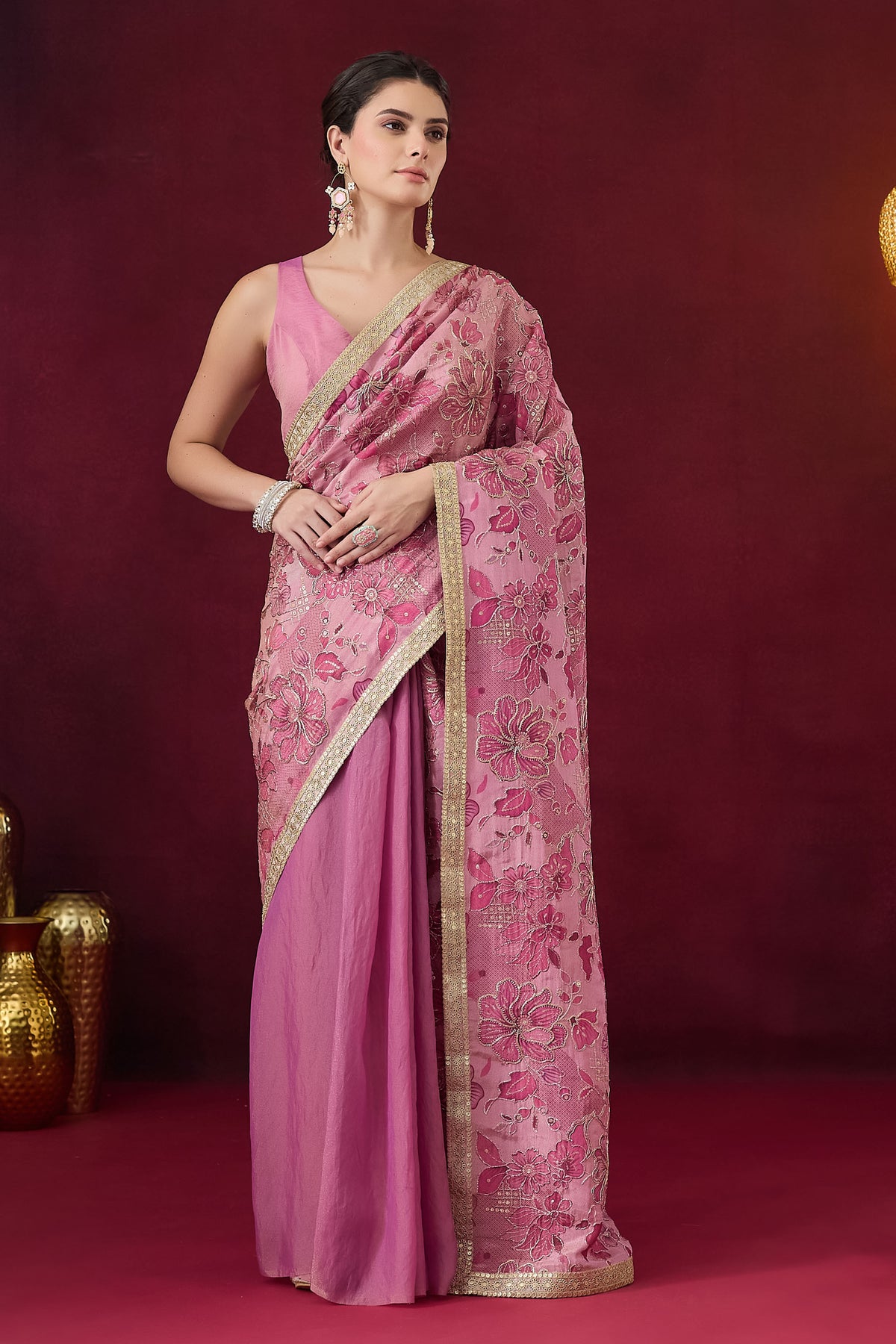 Pink Floral Embroidered Pure Georgette Ready to Wear Saree