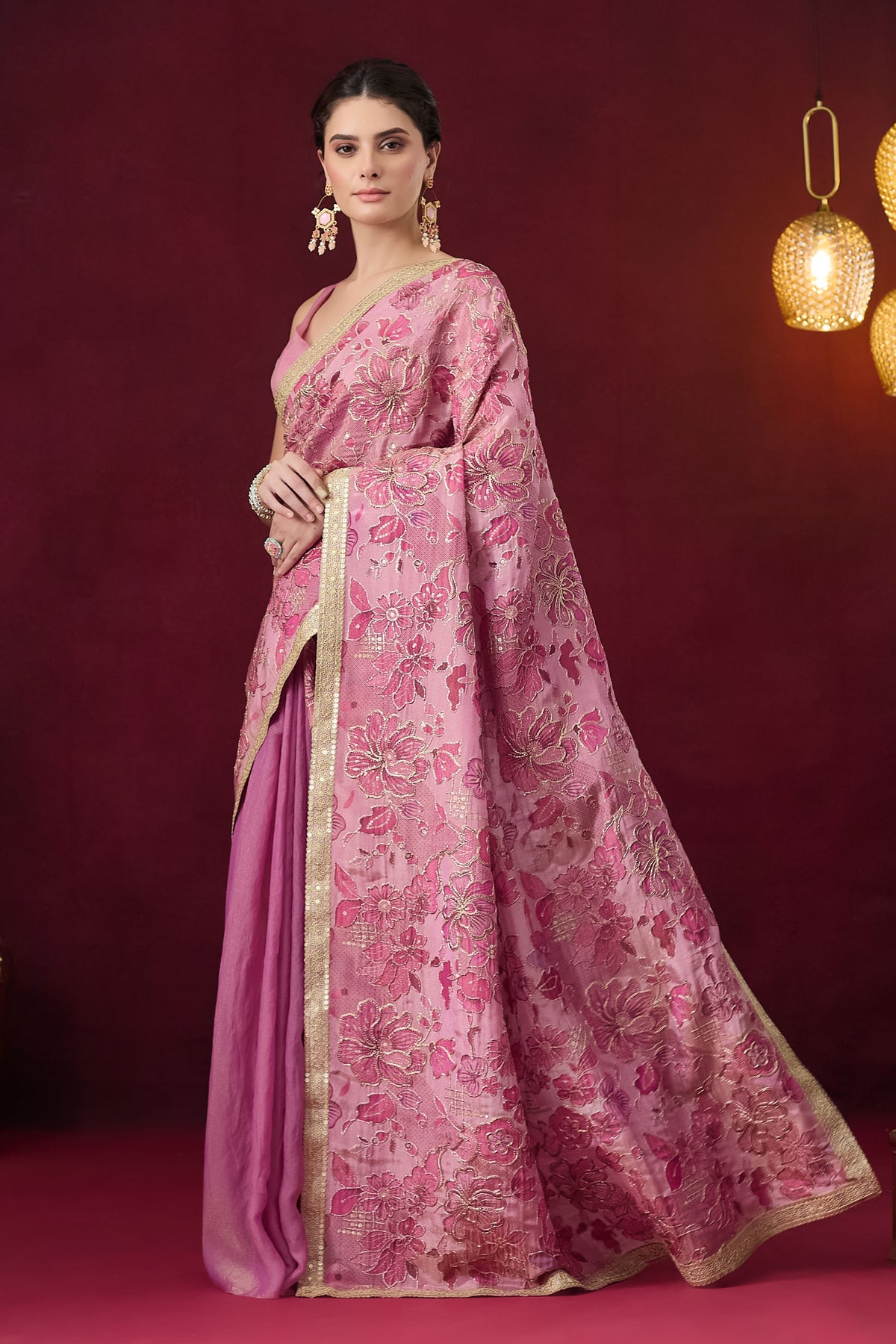 Pink Floral Embroidered Pure Georgette Ready to Wear Saree
