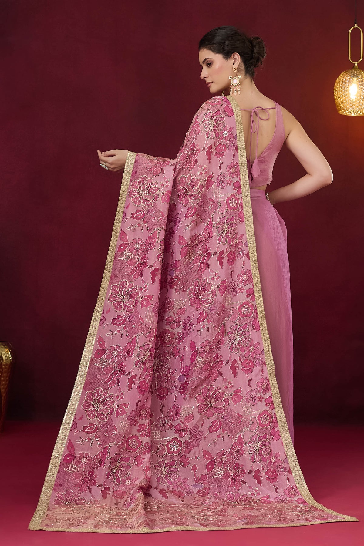 Pink Floral Embroidered Pure Georgette Ready to Wear Saree