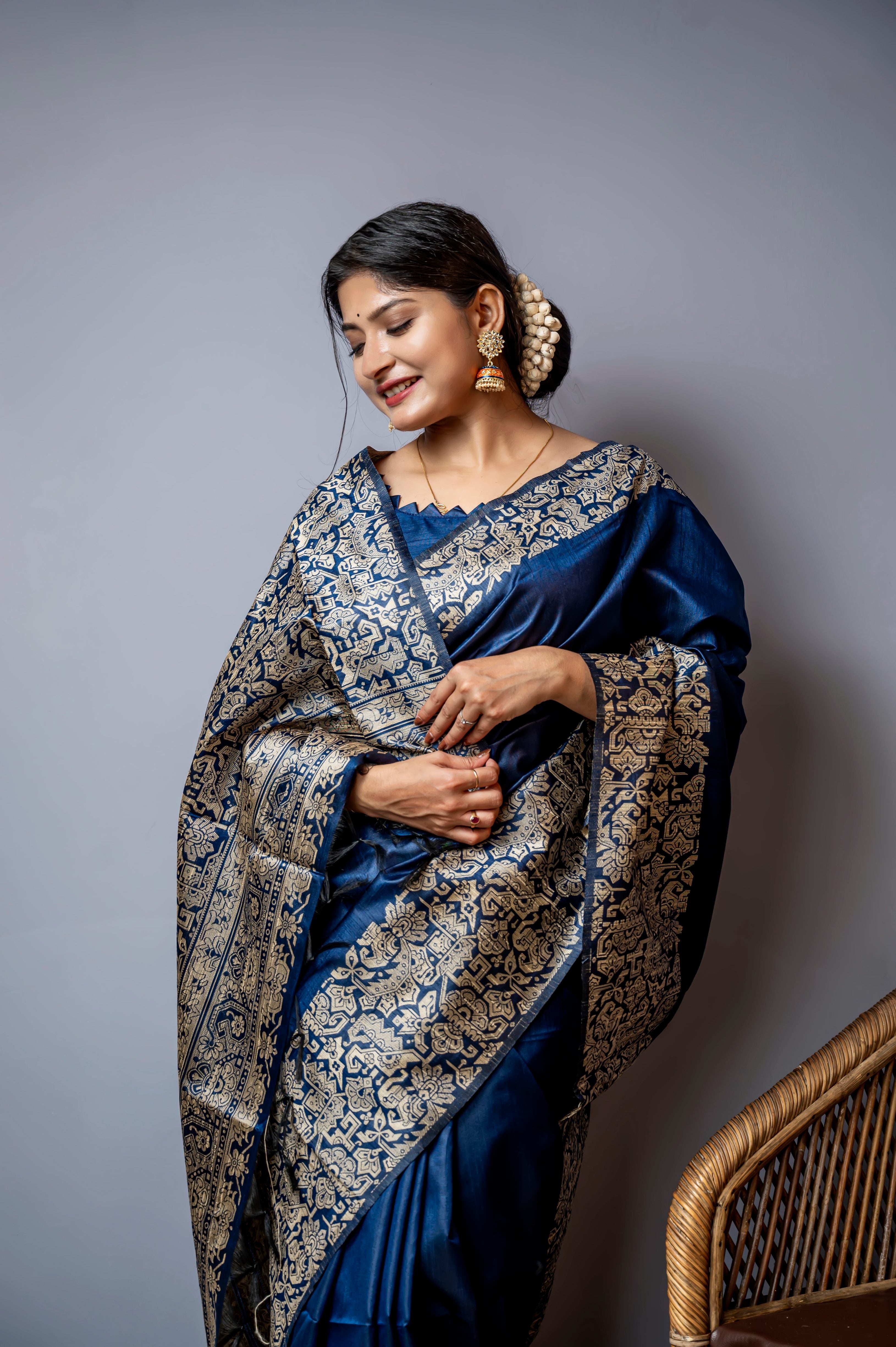 Blue Color Handloom Raw Silk Traditional Saree