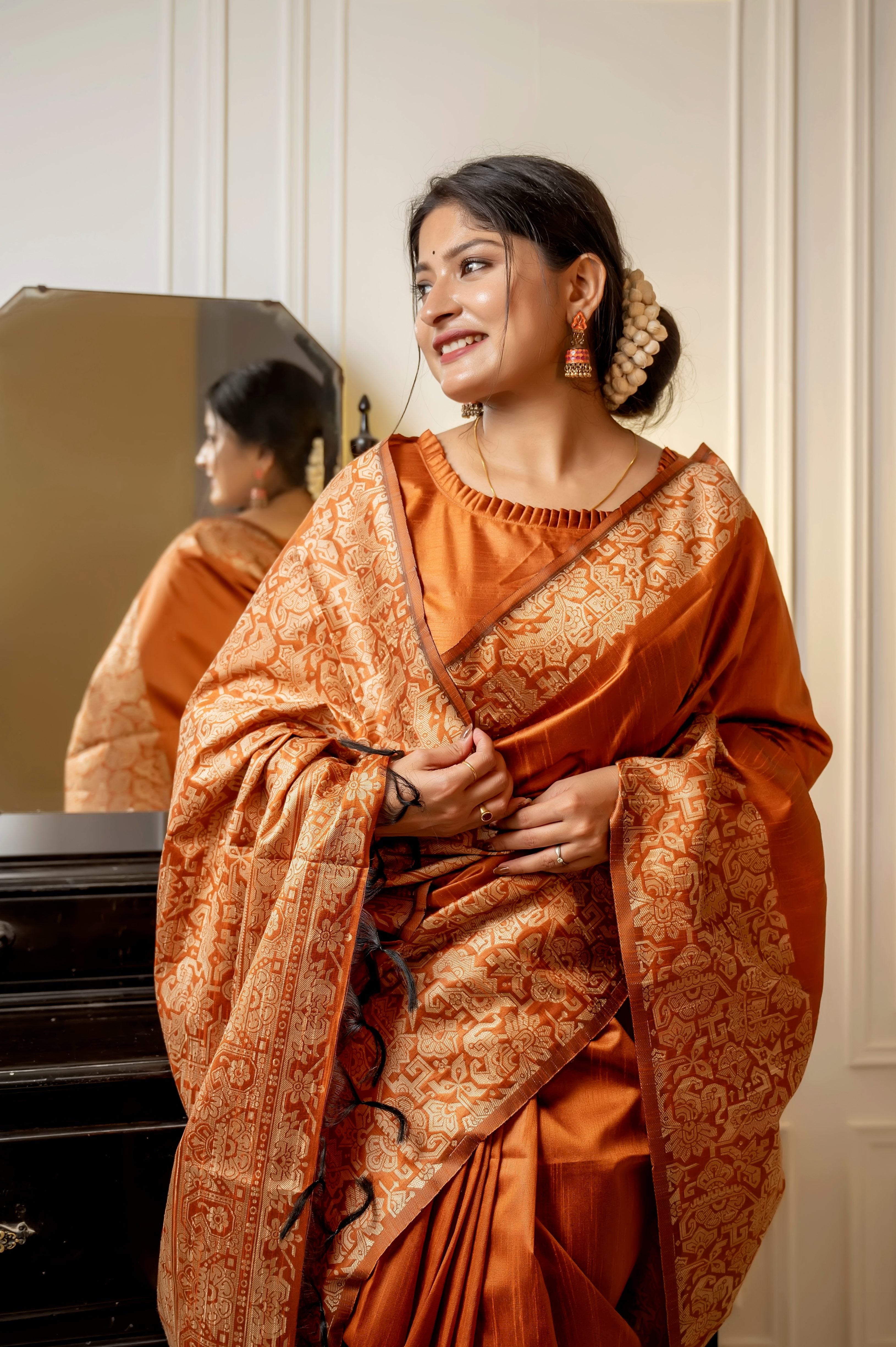 Orange Color Handloom Raw Silk Traditional Saree