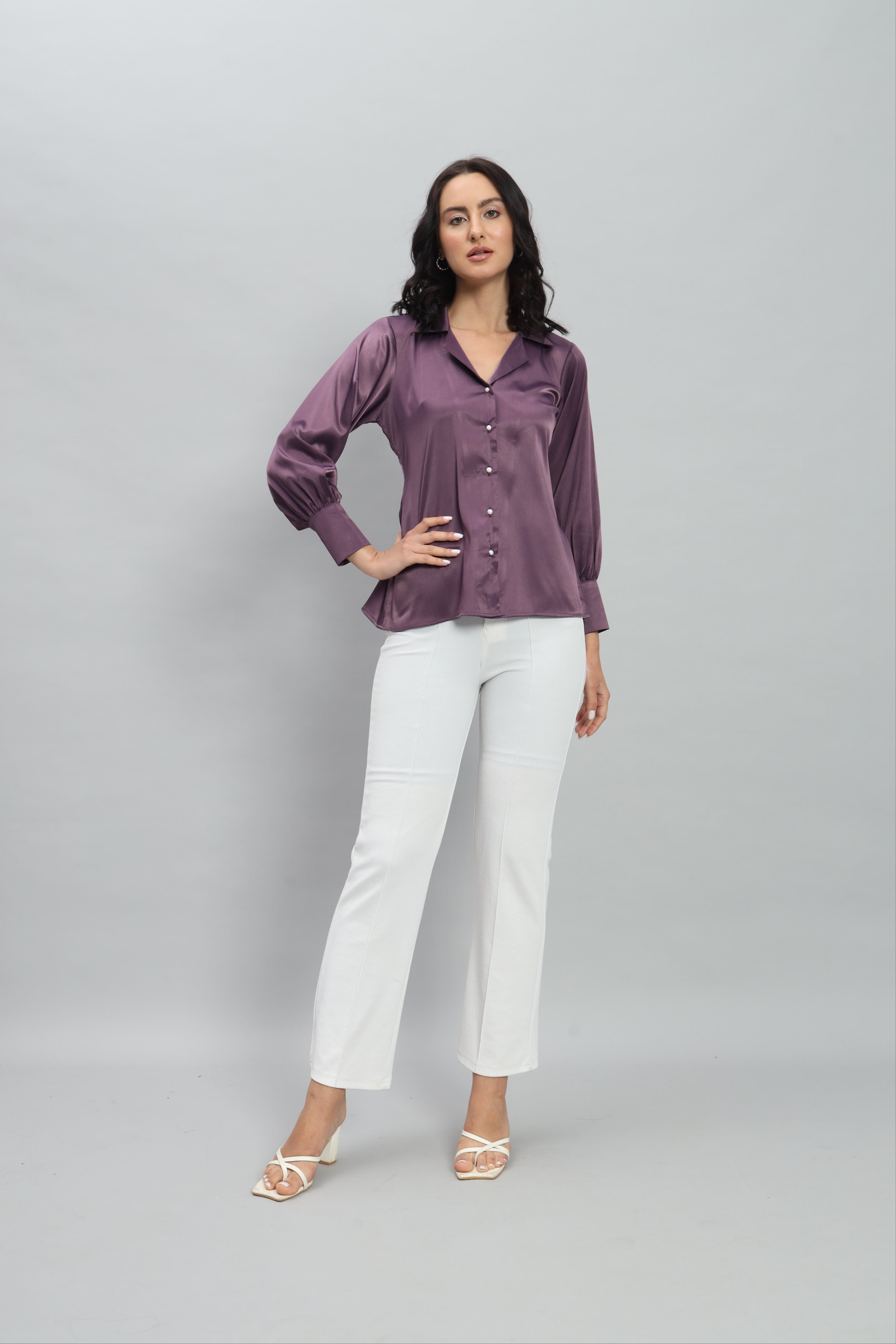 Womens Notched Designer Satin Purple Shirt