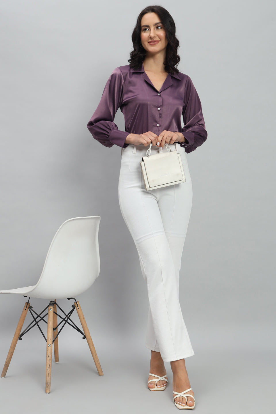 Womens Notched Designer Satin Purple Shirt