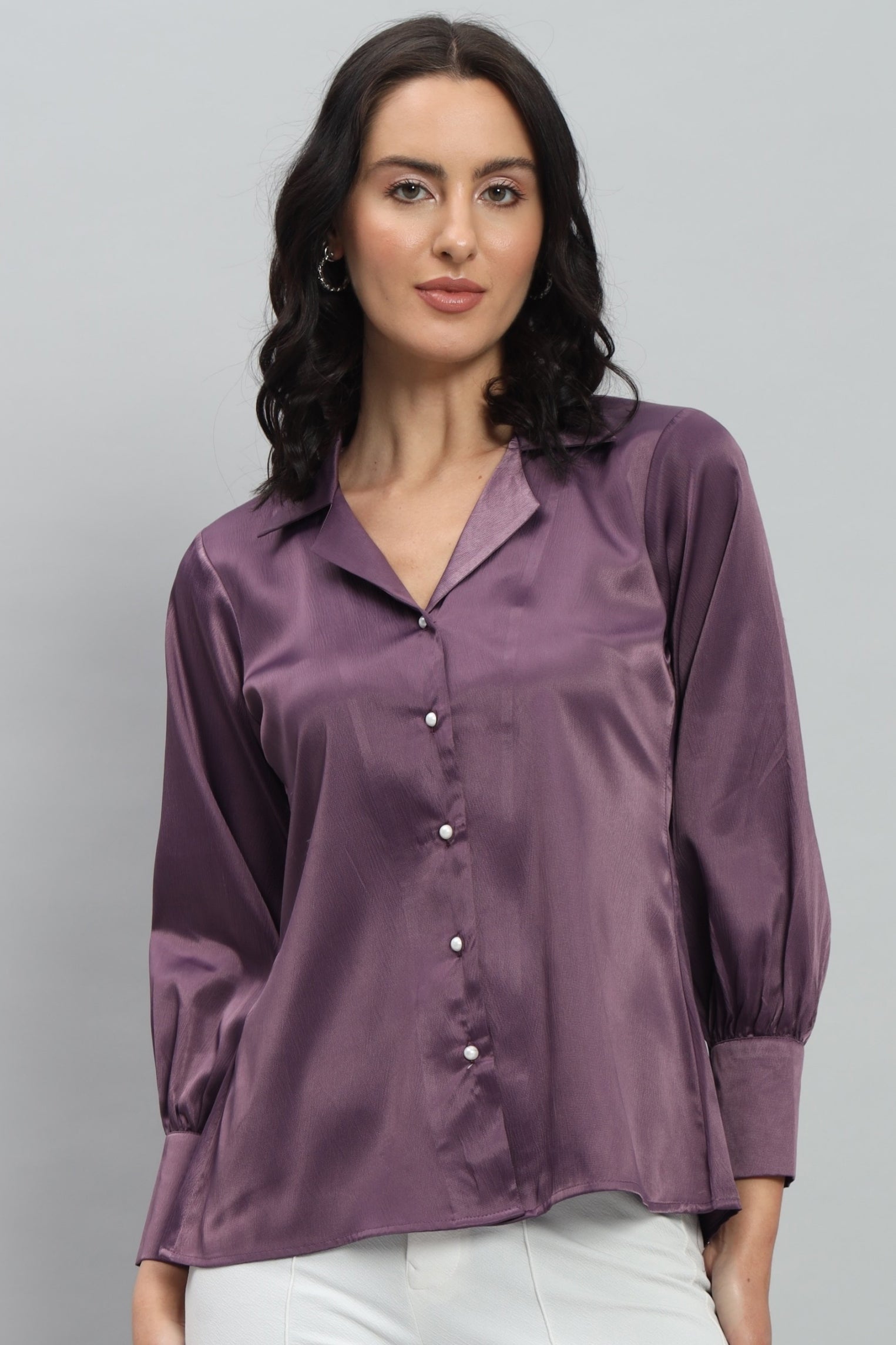 Womens Notched Designer Satin Purple Shirt