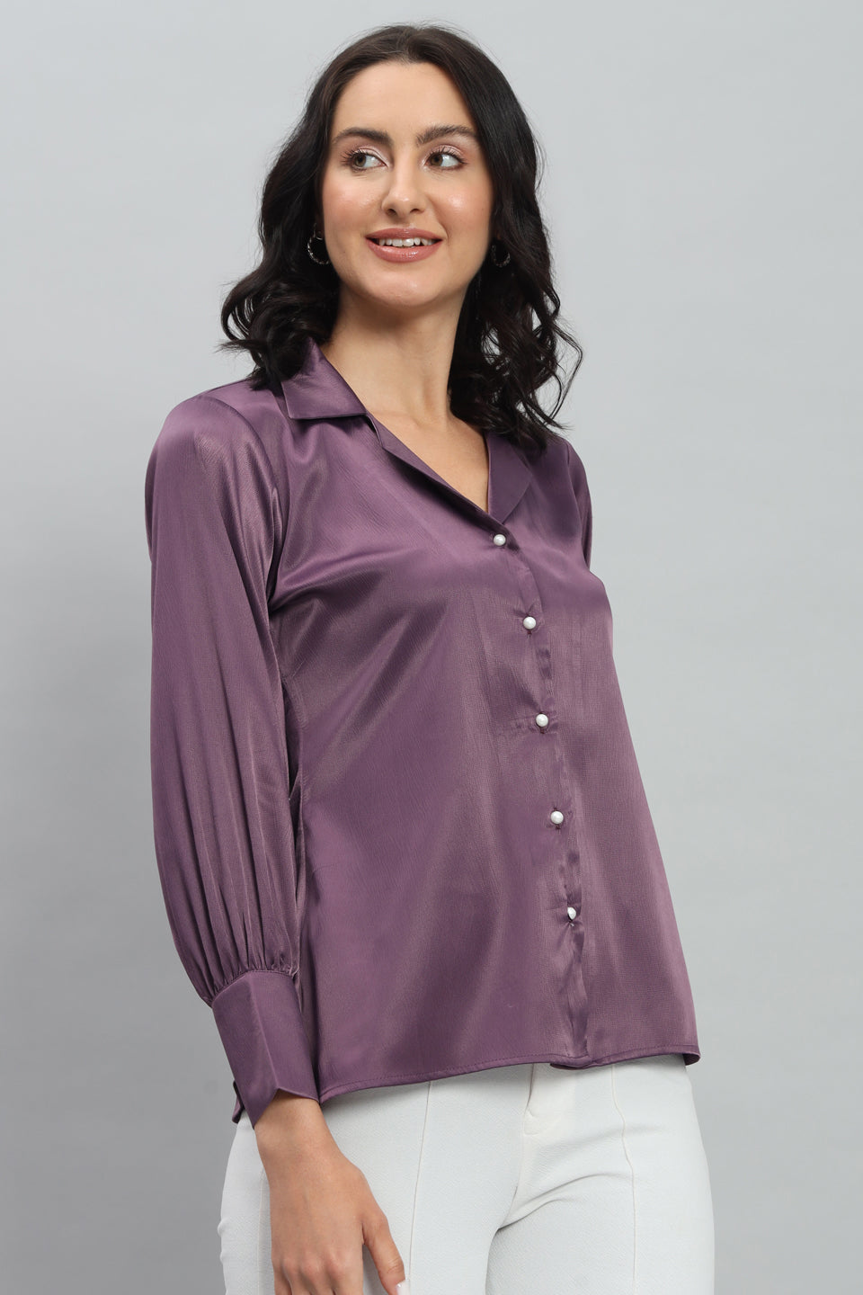 Womens Notched Designer Satin Purple Shirt