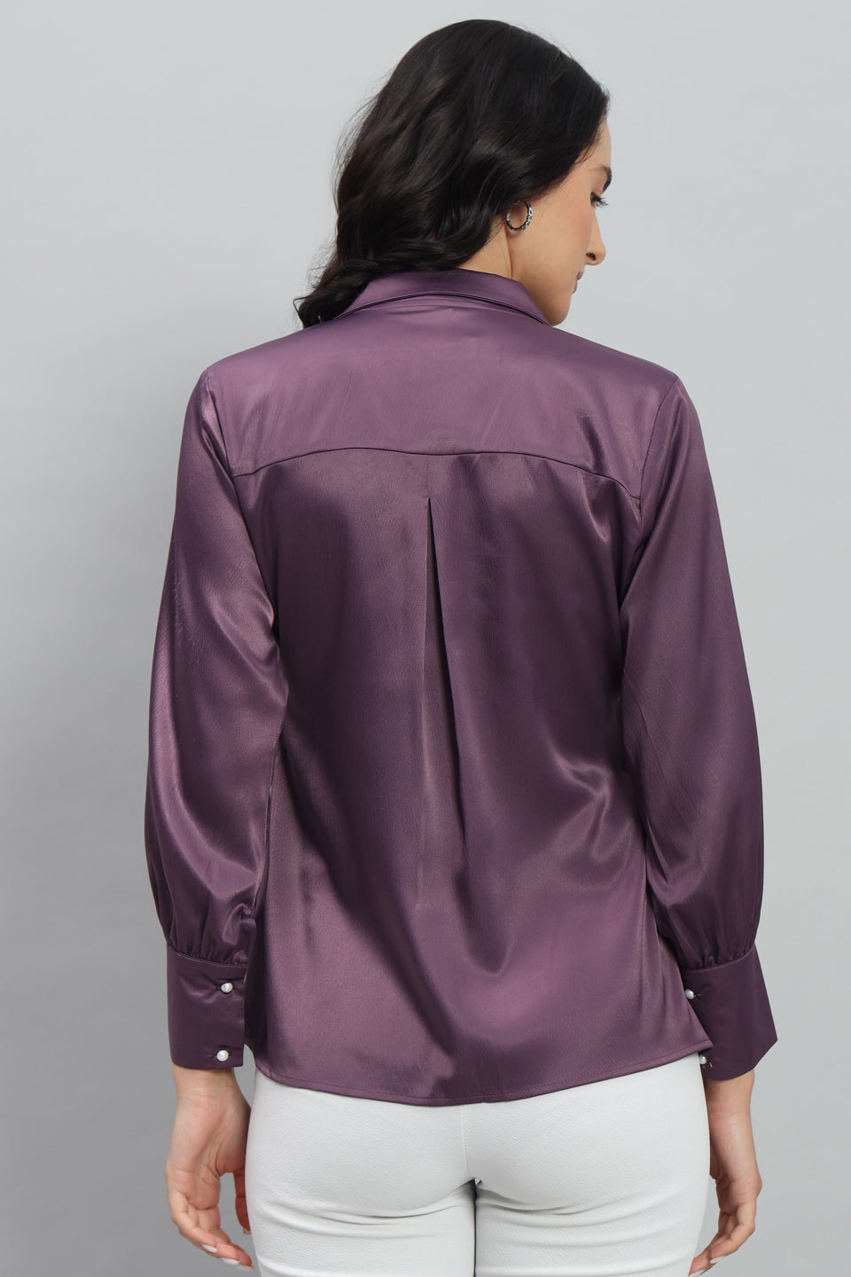 Womens Notched Designer Satin Purple Shirt