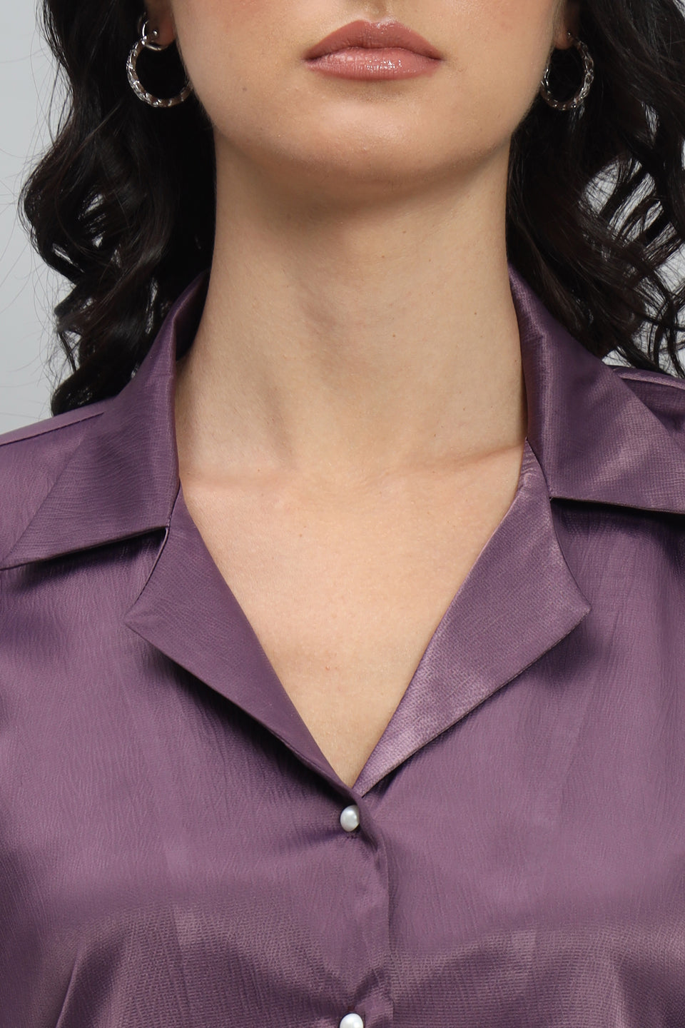 Womens Notched Designer Satin Purple Shirt