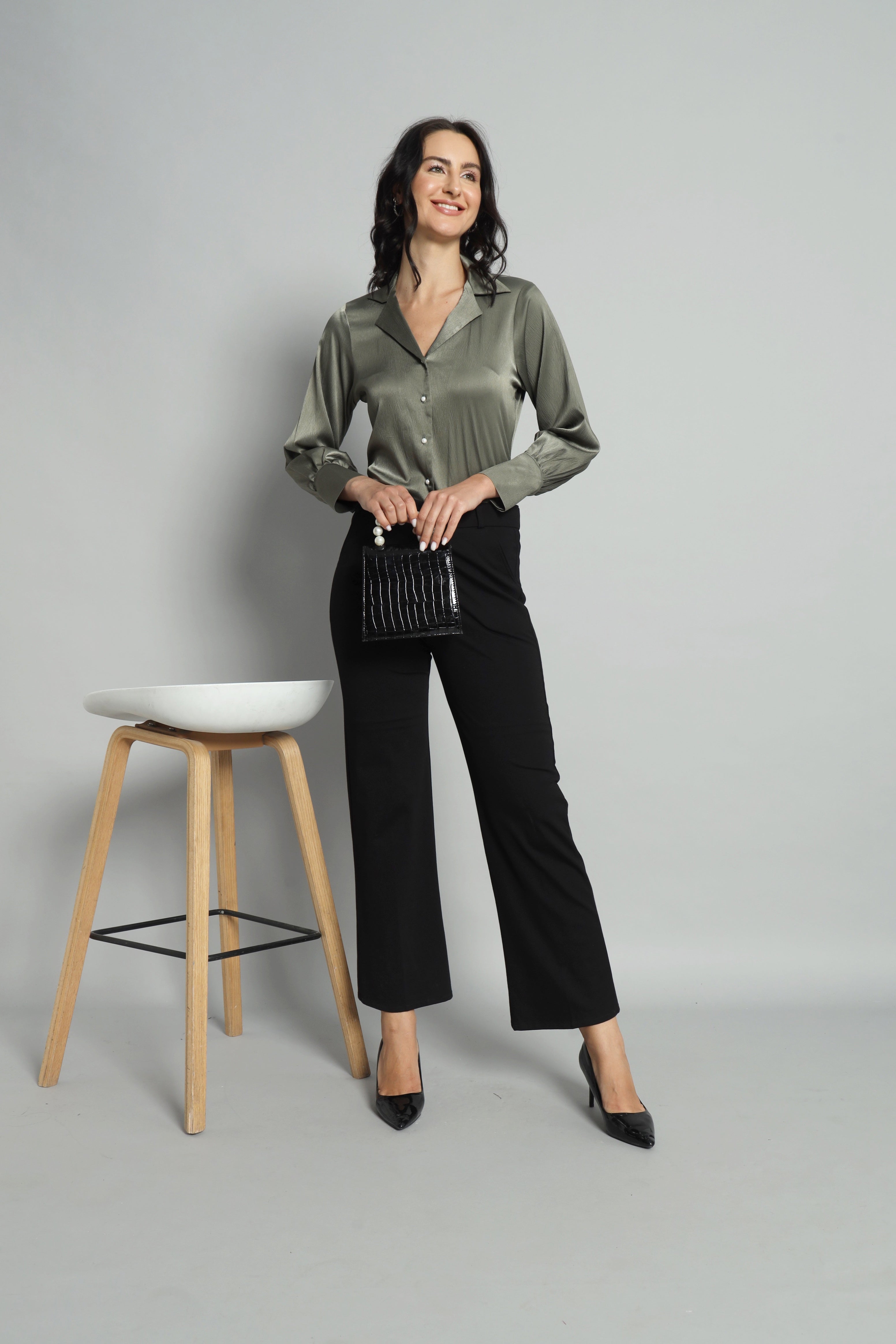 Womens Notched Designer Satin Solid Green Shirt