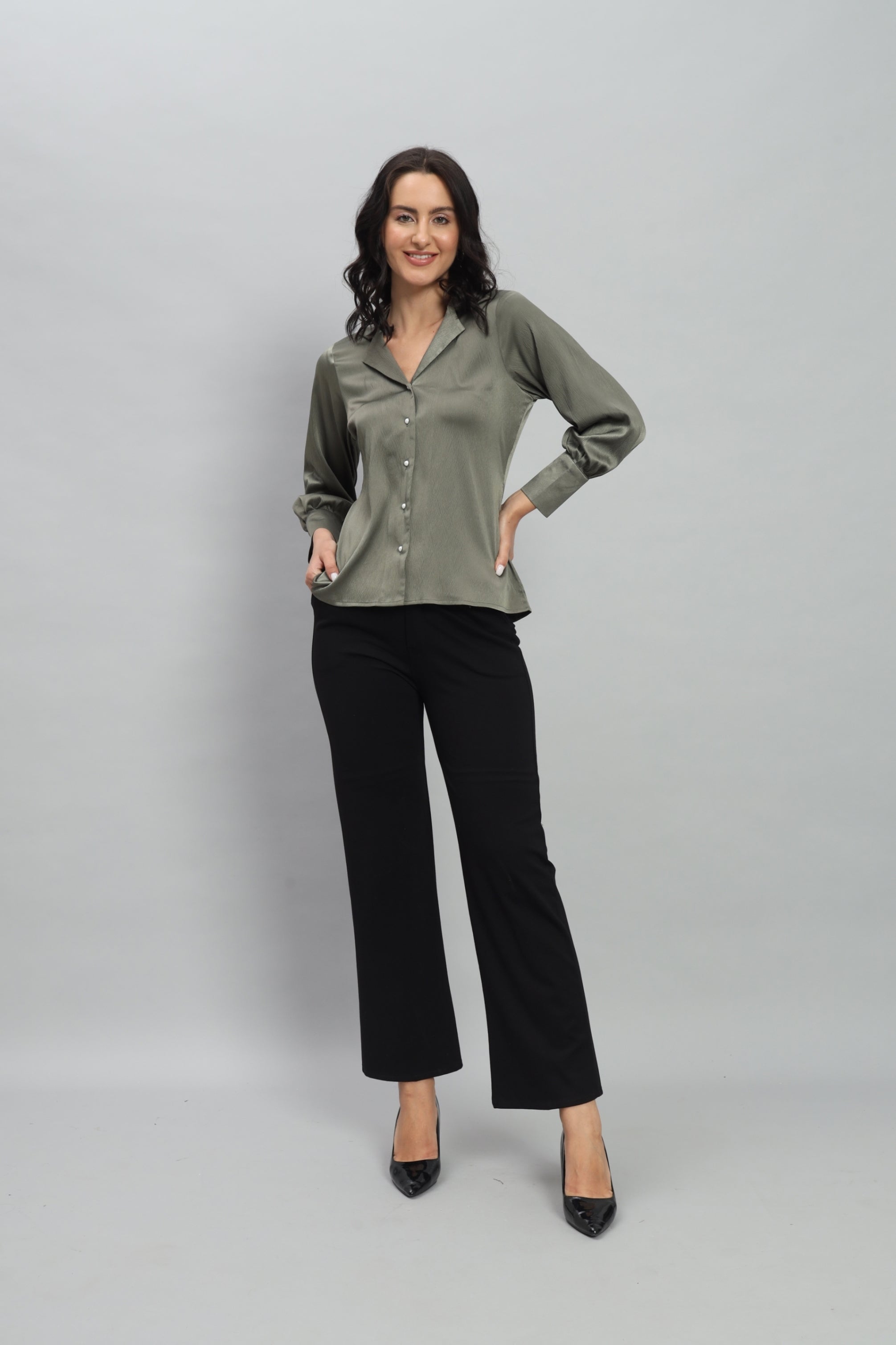 Womens Notched Designer Satin Solid Green Shirt
