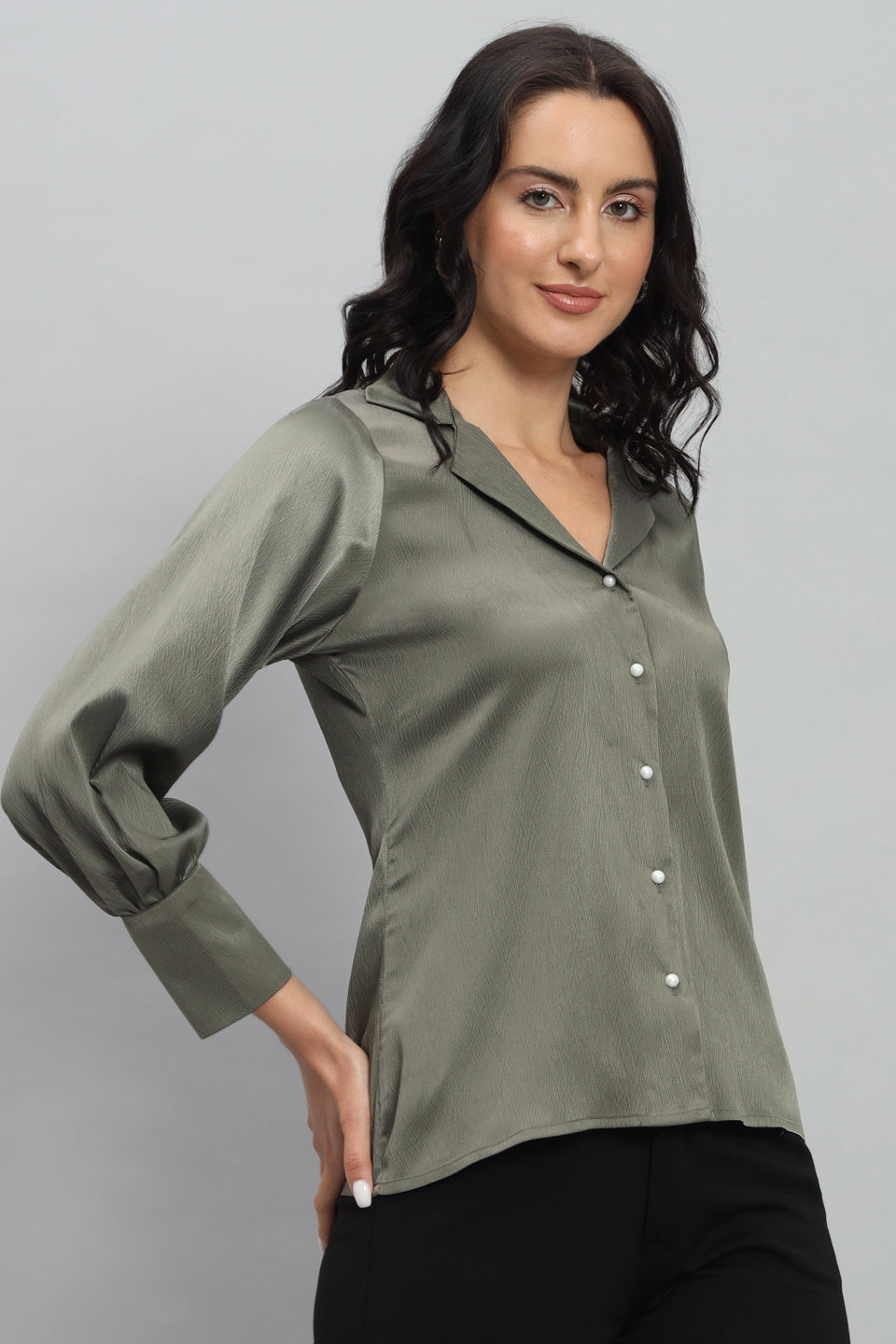 Womens Notched Designer Satin Solid Green Shirt