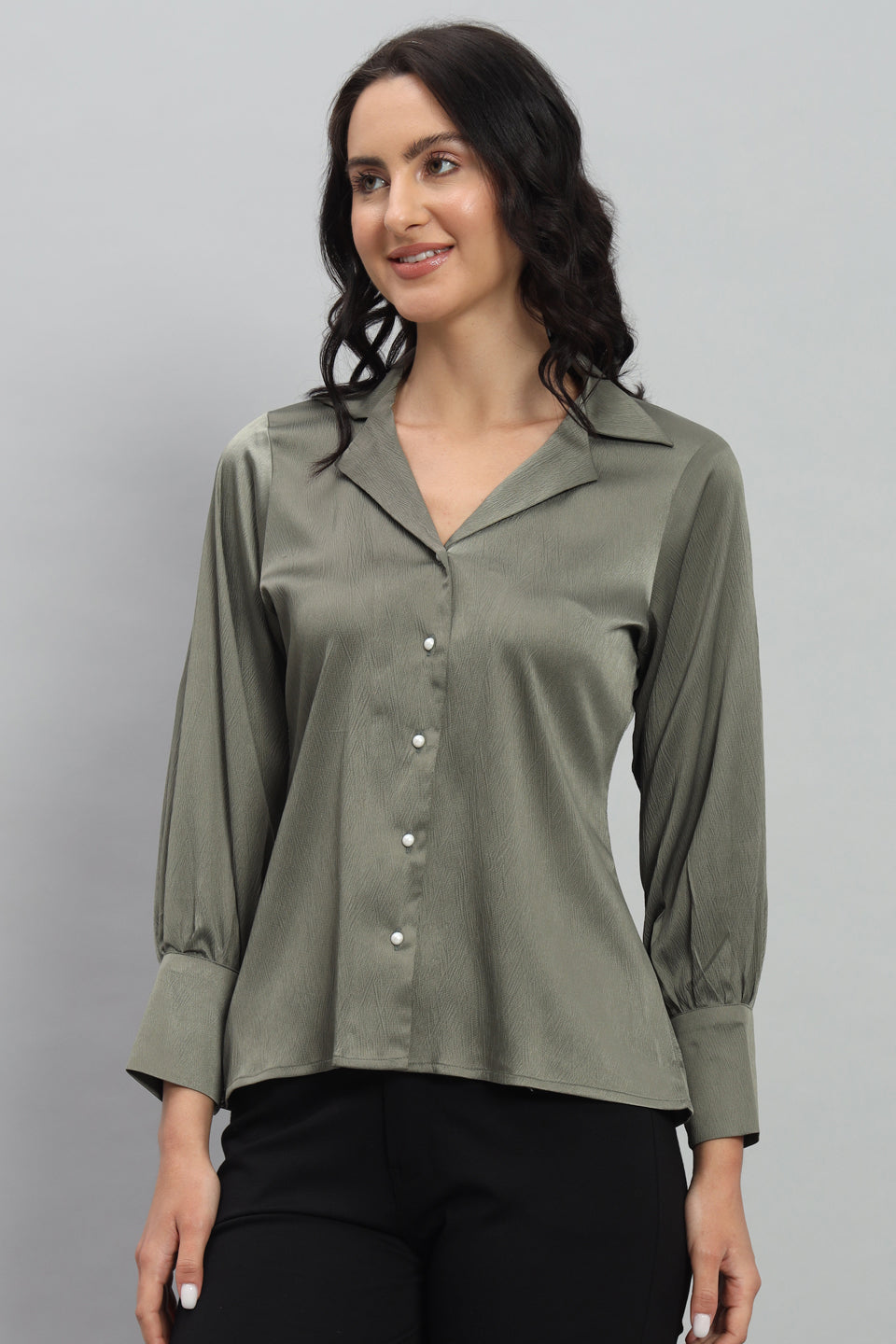 Womens Notched Designer Satin Solid Green Shirt