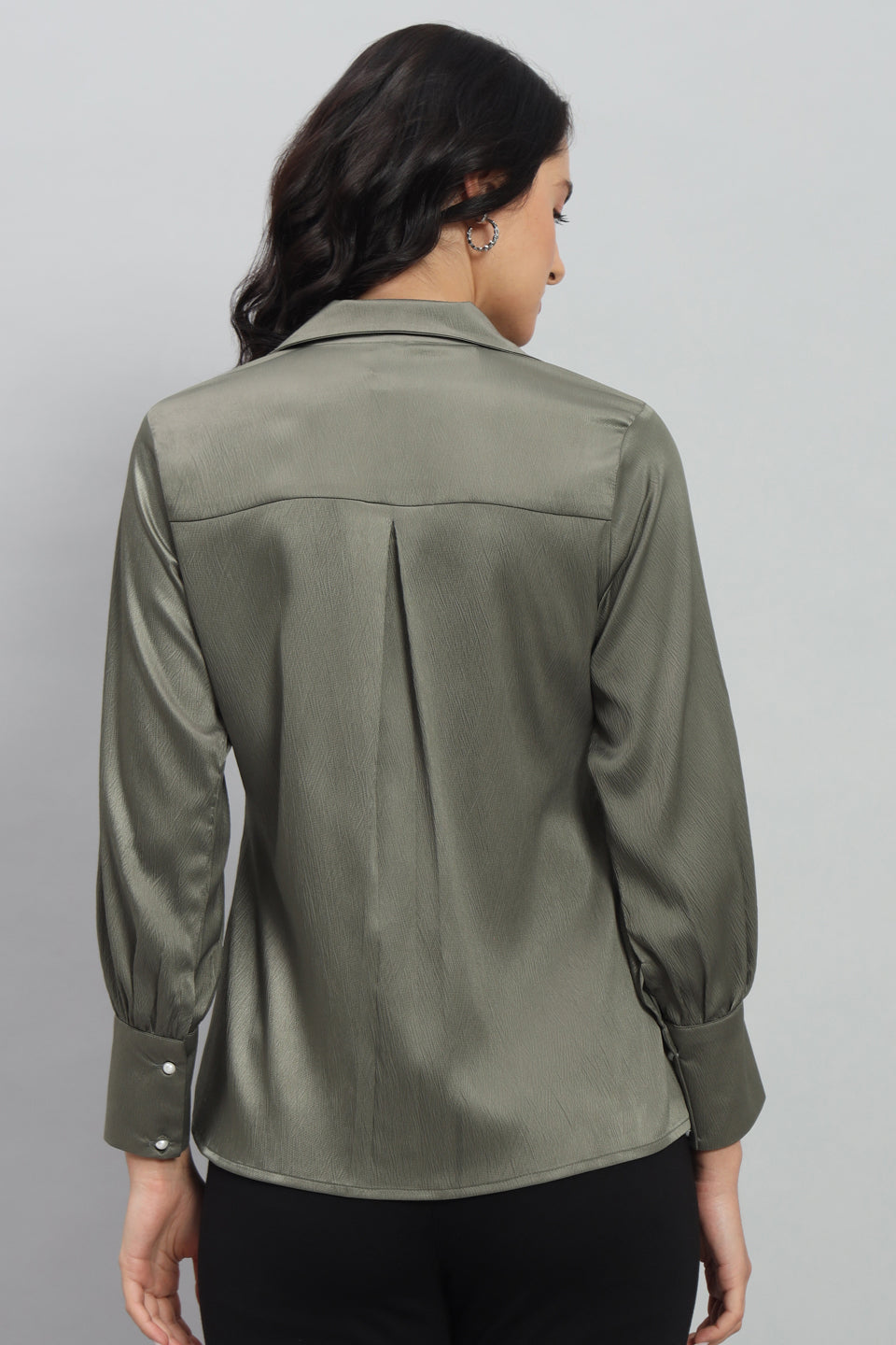 Womens Notched Designer Satin Solid Green Shirt