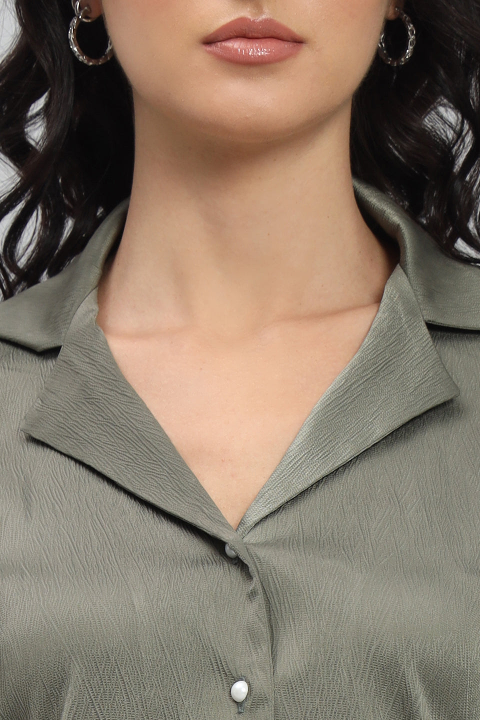 Womens Notched Designer Satin Solid Green Shirt