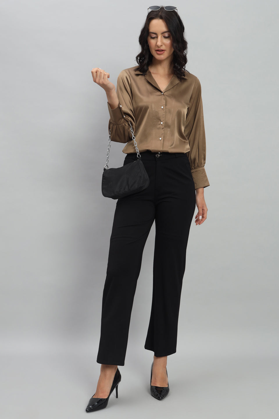 Womens Notched Designer Satin Solid Brown Shirt