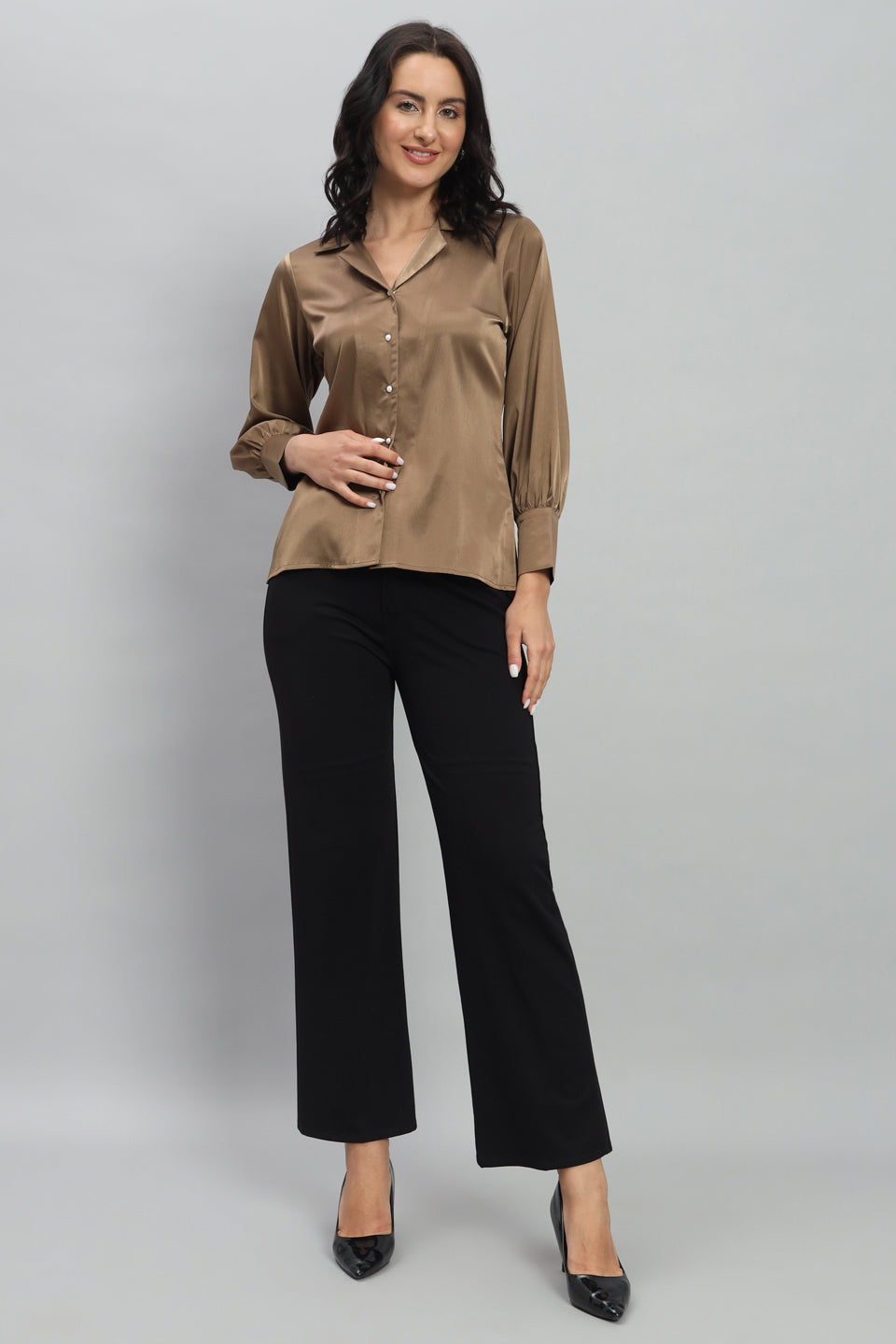Womens Notched Designer Satin Solid Brown Shirt