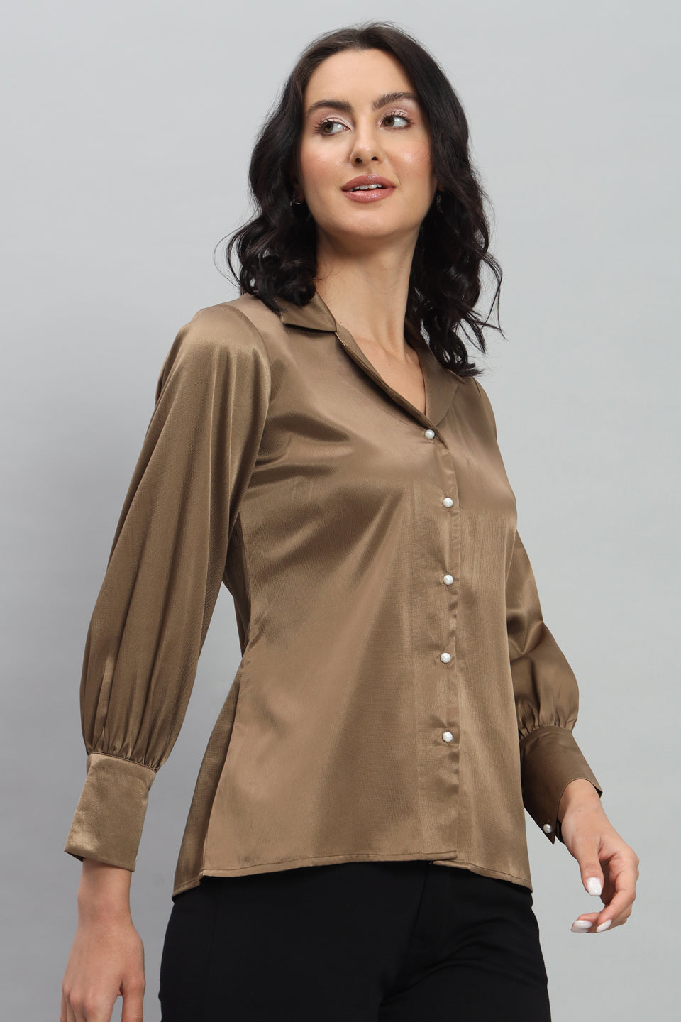 Womens Notched Designer Satin Solid Brown Shirt