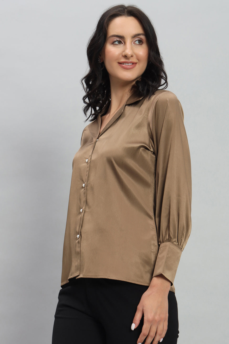 Womens Notched Designer Satin Solid Brown Shirt