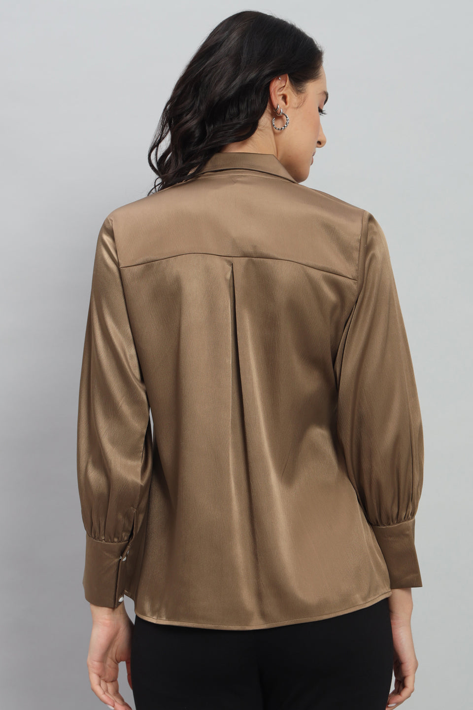 Womens Notched Designer Satin Solid Brown Shirt