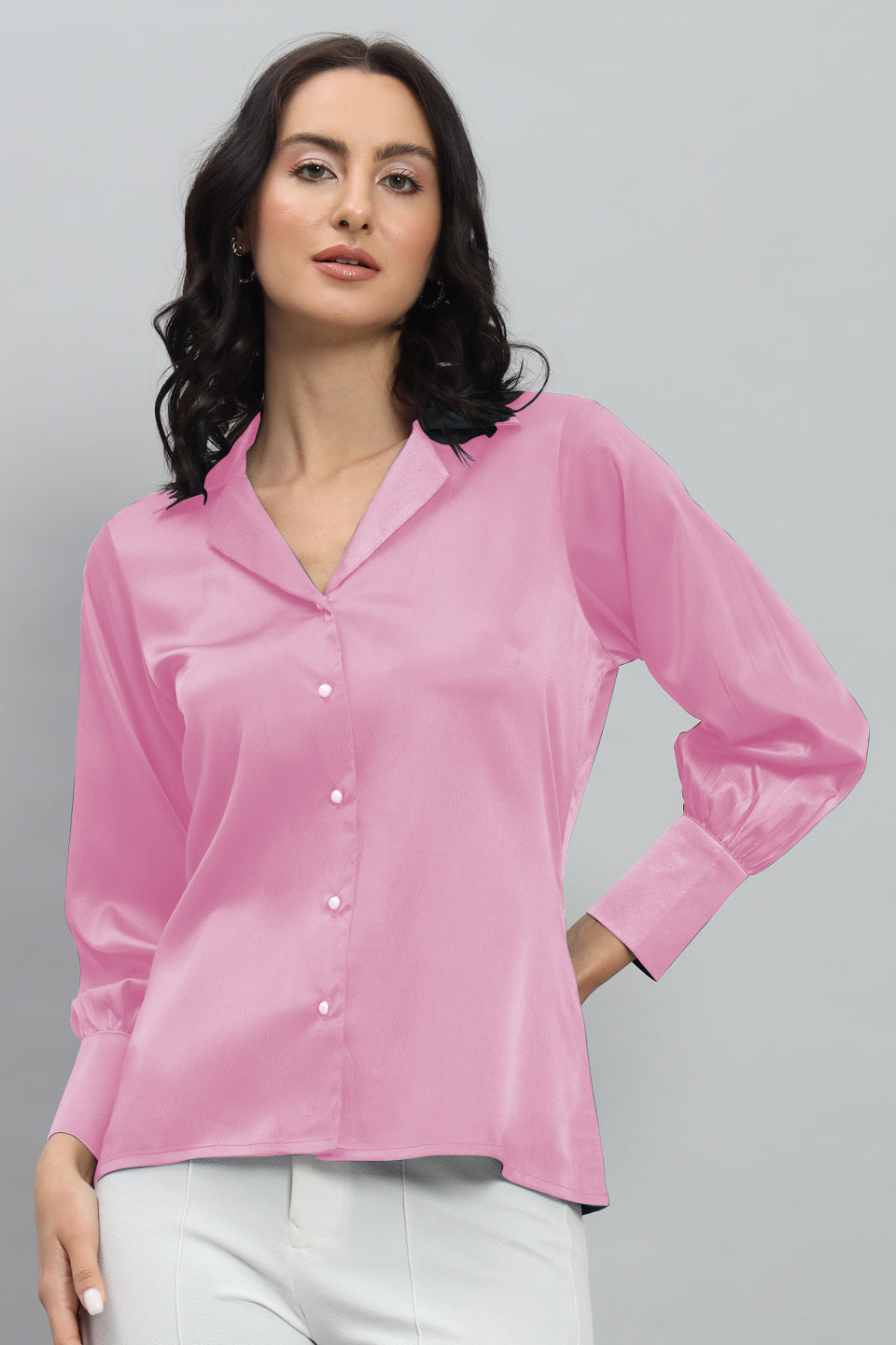 Womens Notched Designer Satin Solid Pink Shirt