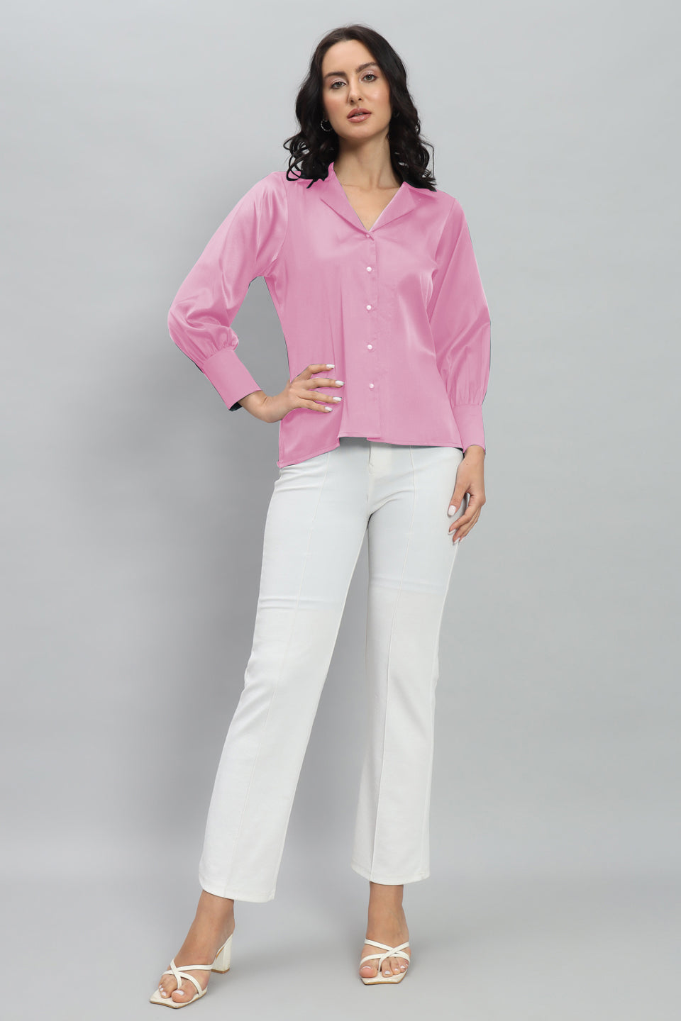 Womens Notched Designer Satin Solid Pink Shirt