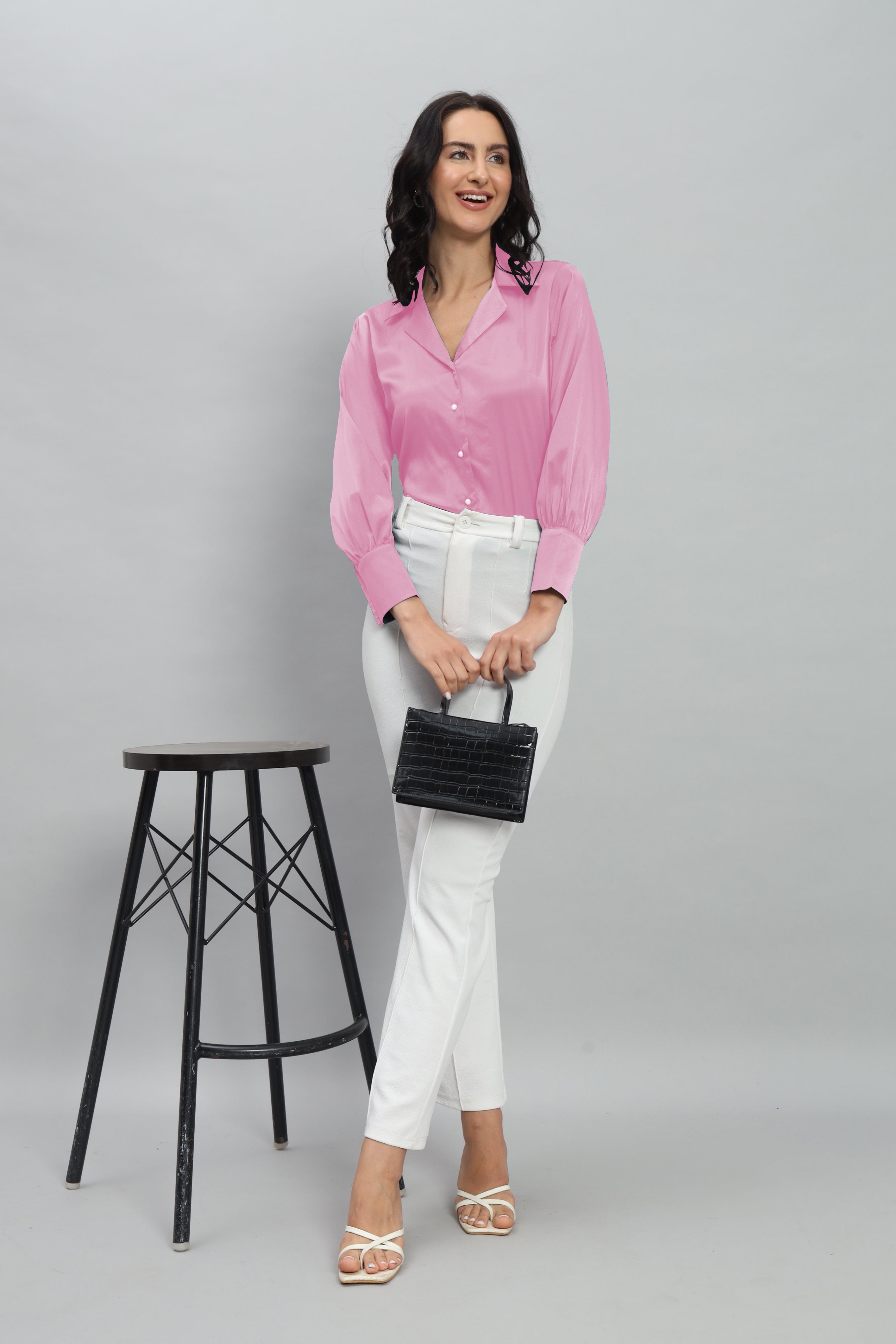 Womens Notched Designer Satin Solid Pink Shirt