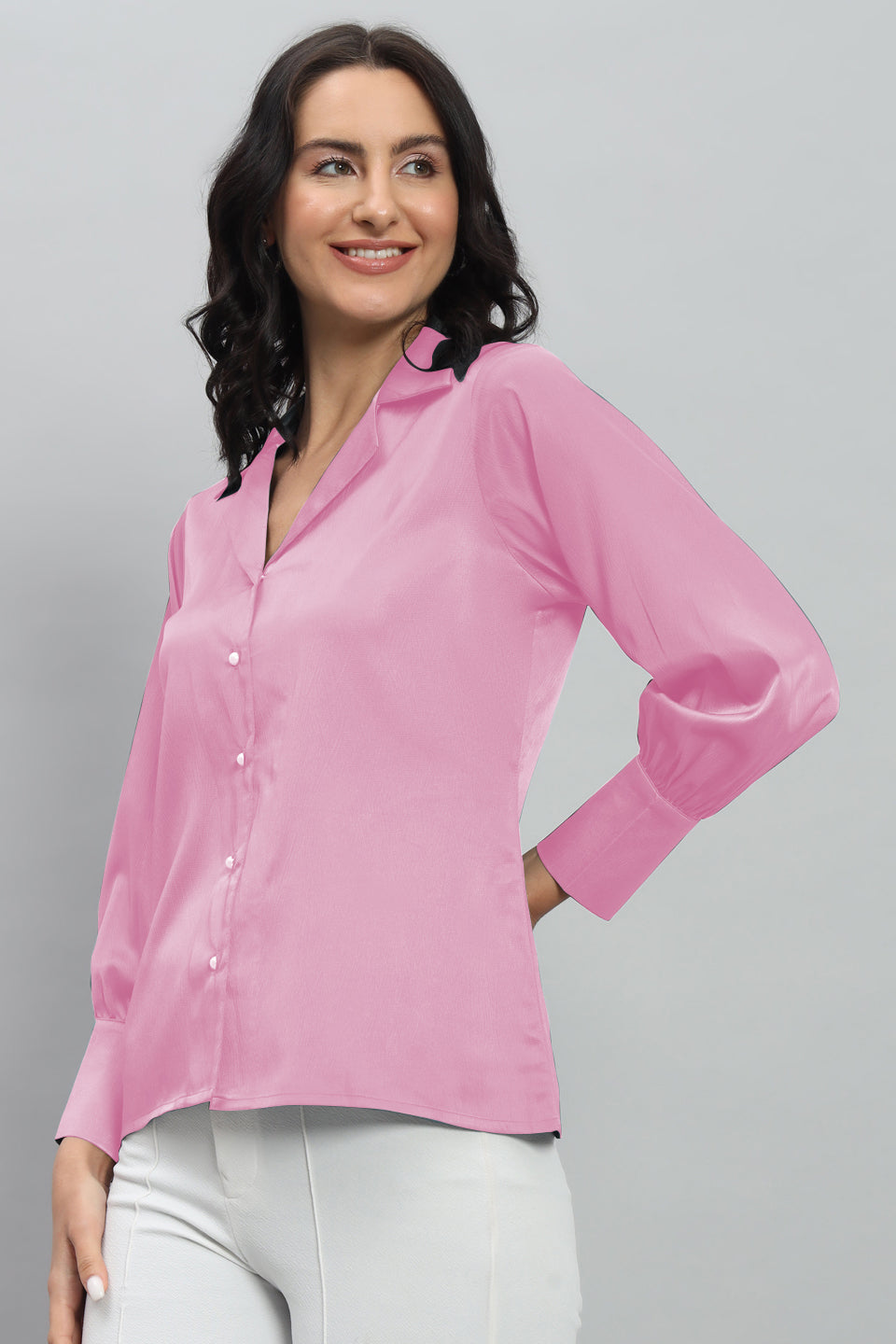 Womens Notched Designer Satin Solid Pink Shirt
