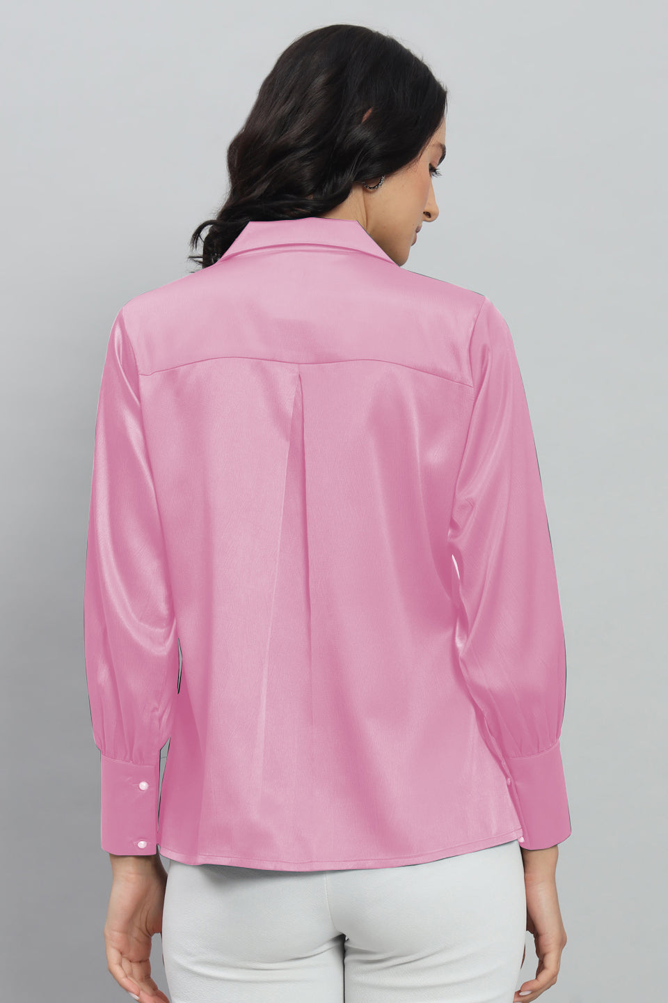 Womens Notched Designer Satin Solid Pink Shirt