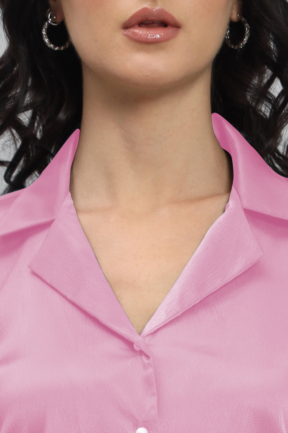 Womens Notched Designer Satin Solid Pink Shirt