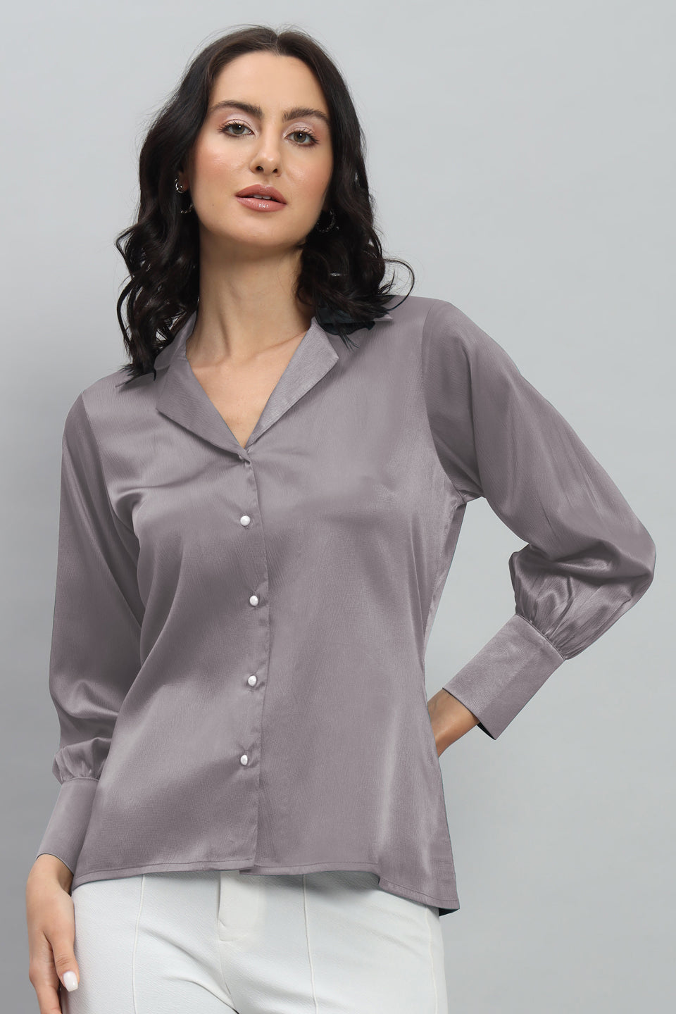 Womens Notched Designer Satin Solid Grey Shirt