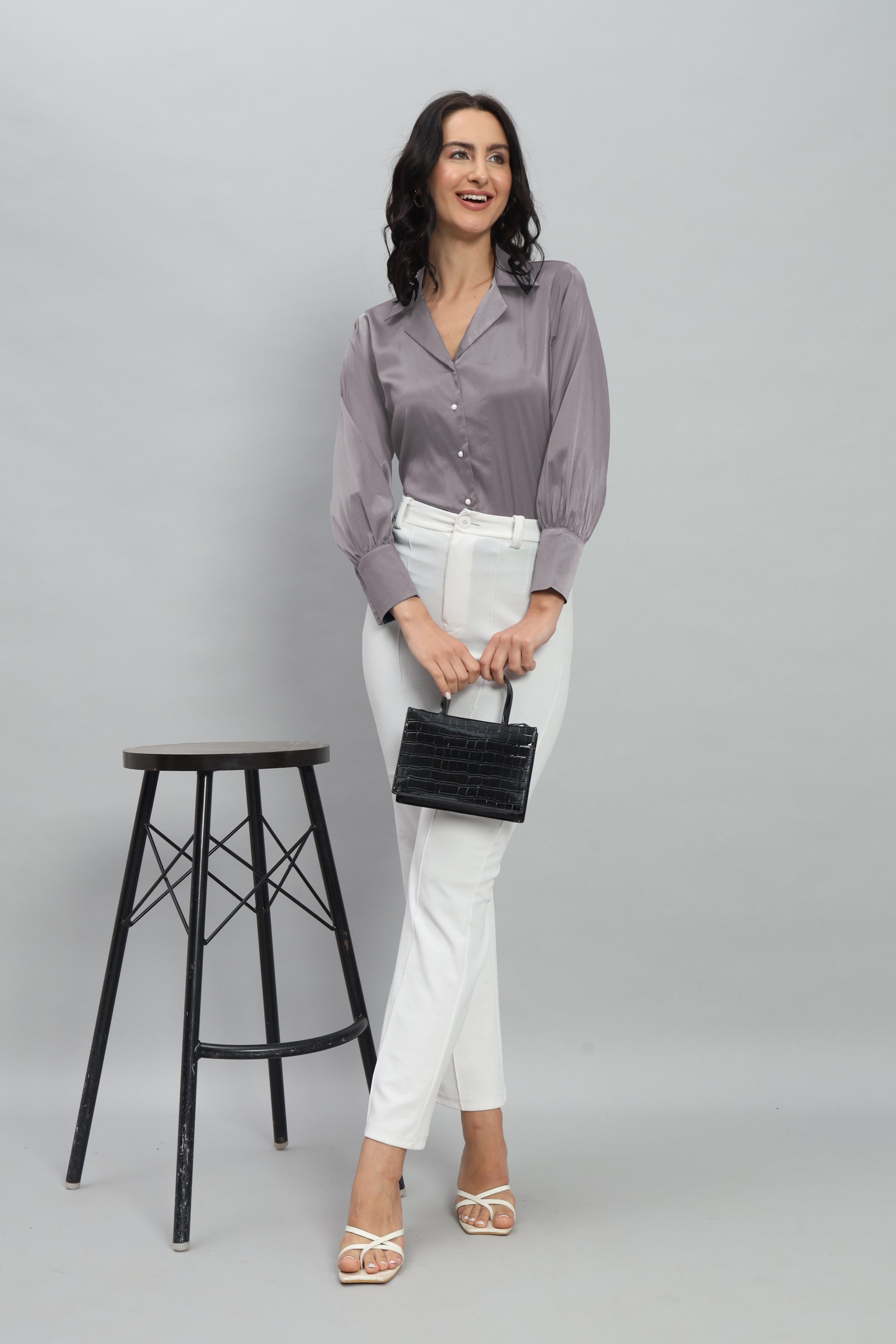 Womens Notched Designer Satin Solid Grey Shirt