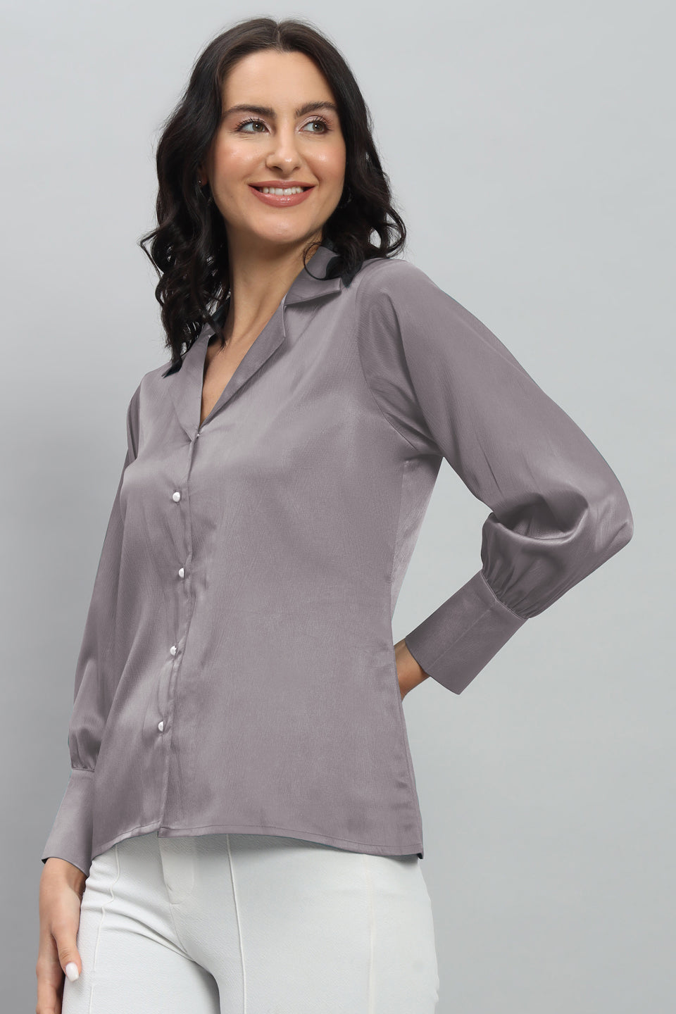 Womens Notched Designer Satin Solid Grey Shirt