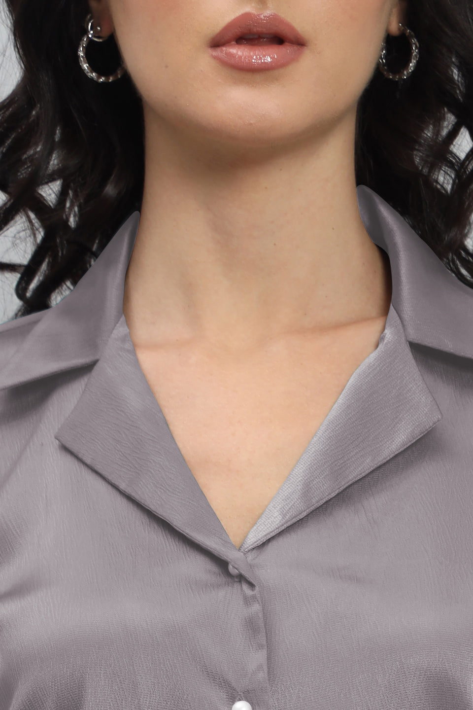 Womens Notched Designer Satin Solid Grey Shirt
