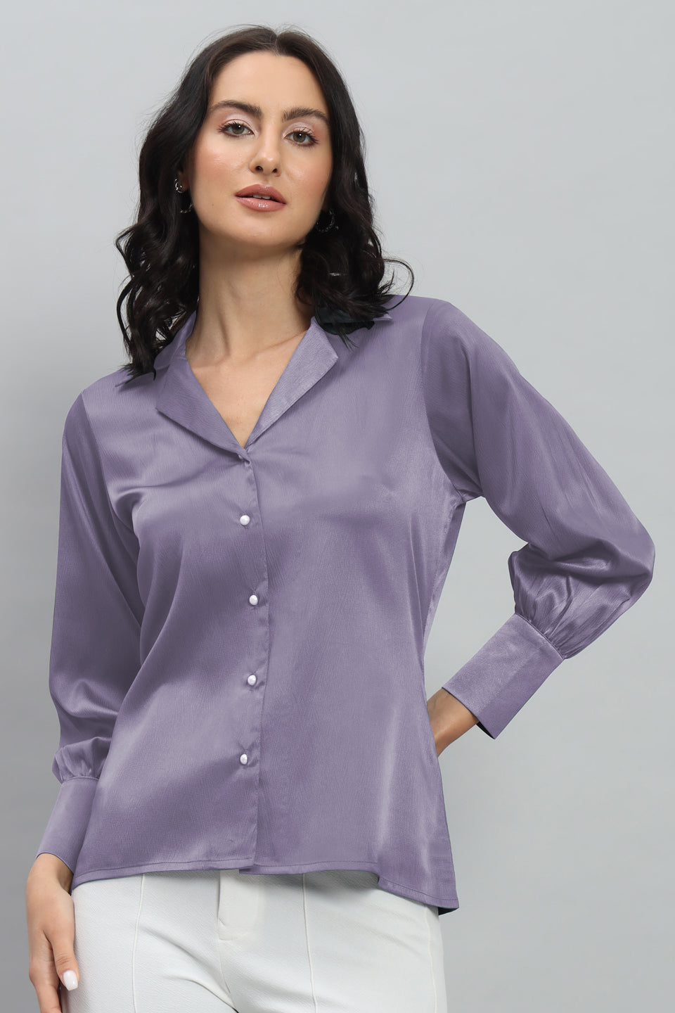 Womens Notched Designer Satin Solid Violet Shirt